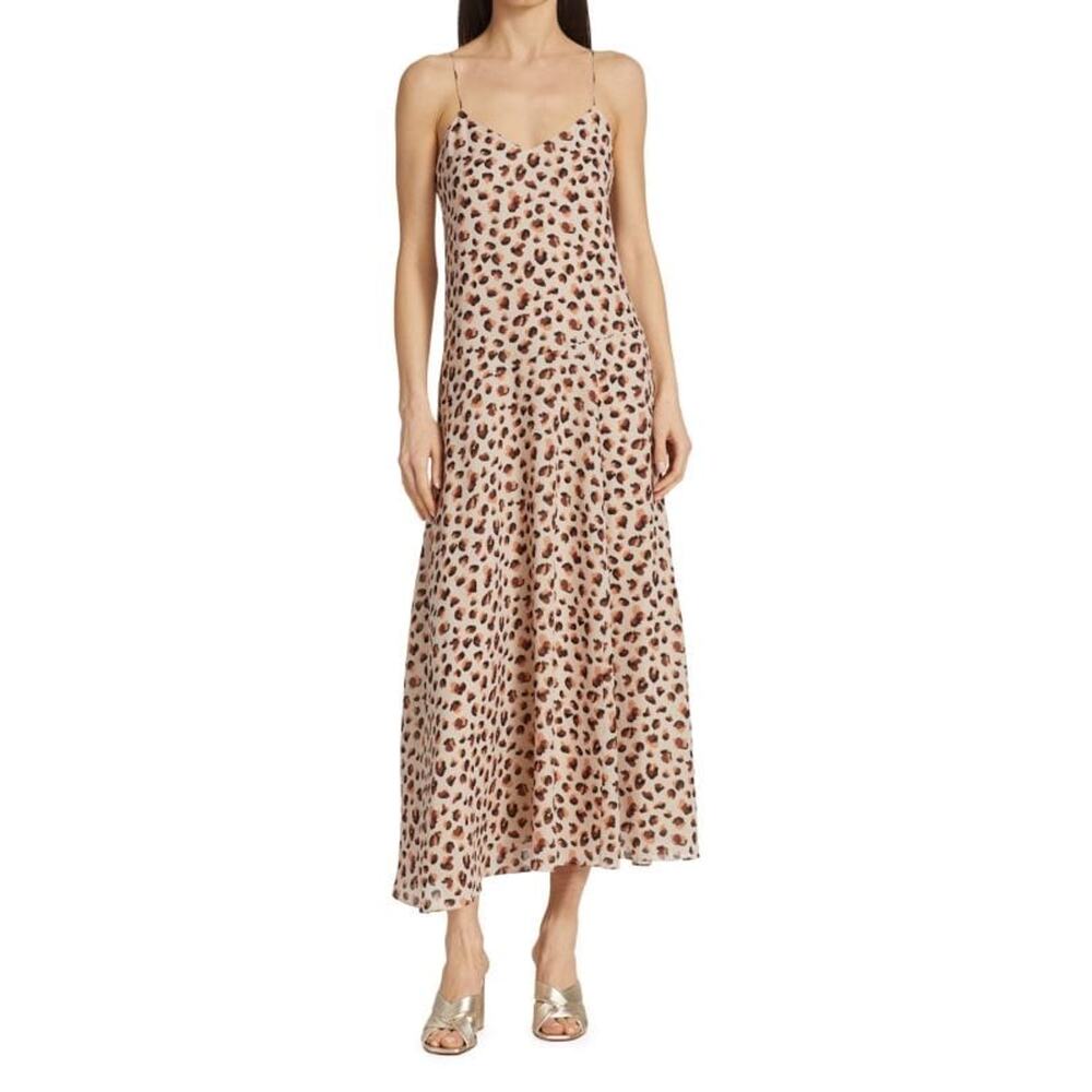Theory Flora Beige Leopard Animal Print Silk Slip Midi‎ Dress Size 8 NEW